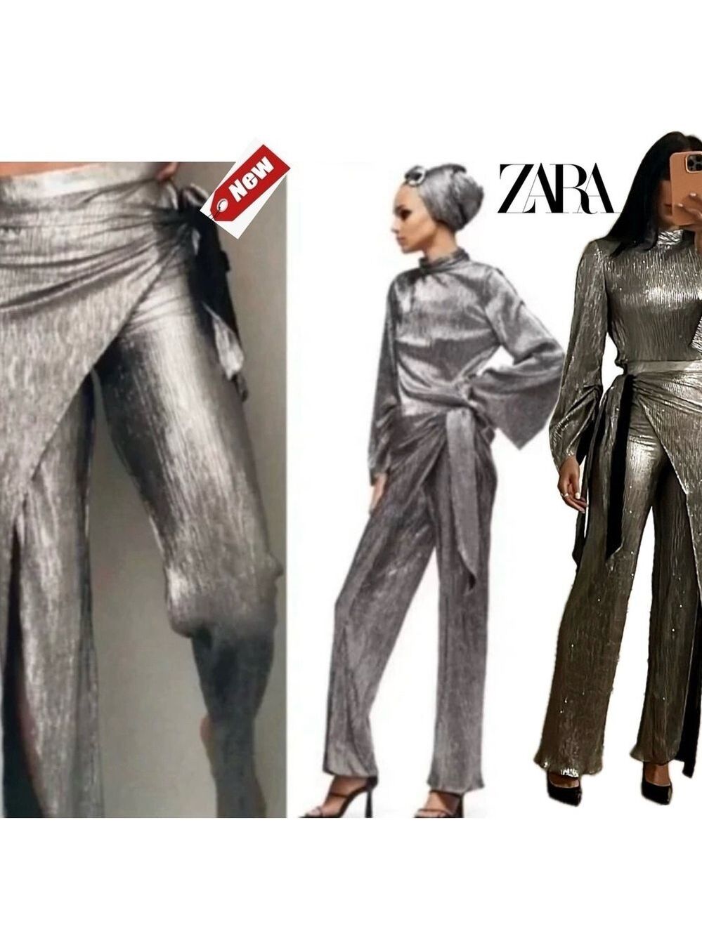 Zara metallic silver liquid foil High waisted wrap slit pants Sz XS NWT bloggers